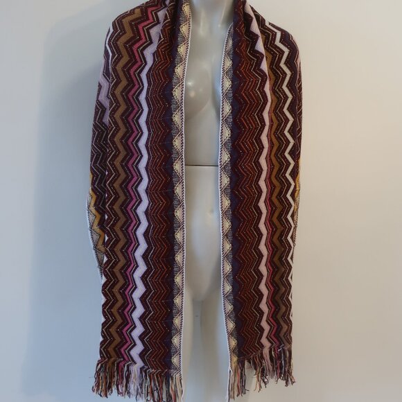 NWOT Womens Missoni Burgundy, Pink, Orange Chevron Fringed Scarf Wrap OS - Picture 2 of 7